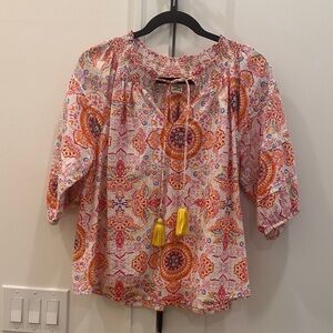ivy jane Pink Orange Paisley Boho Peasant Top with Yellow Tassels